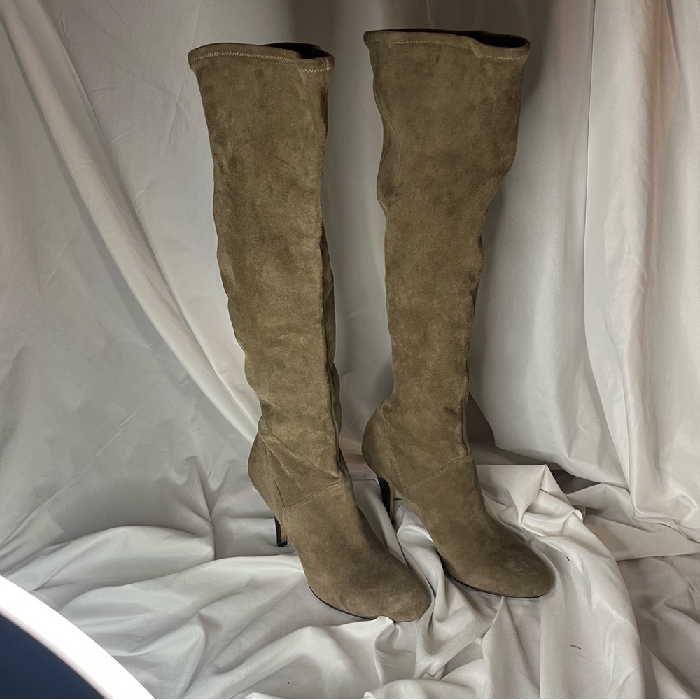 Grey/Tan Suede Knee High, Heeled Boots